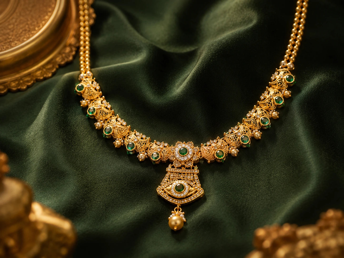 Evil Eye Inspired Antique Gold Necklace Set with Earring