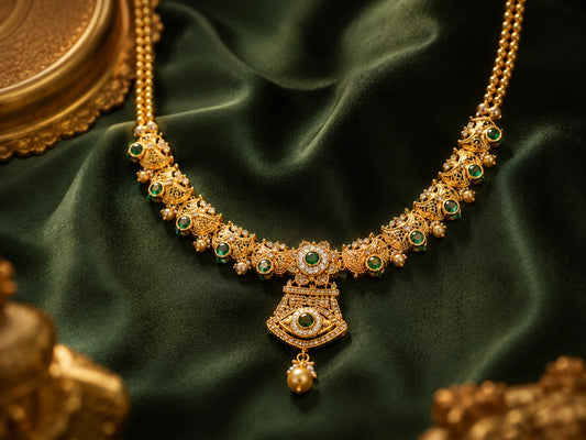Evil Eye Inspired Antique Gold Necklace Set with Earring