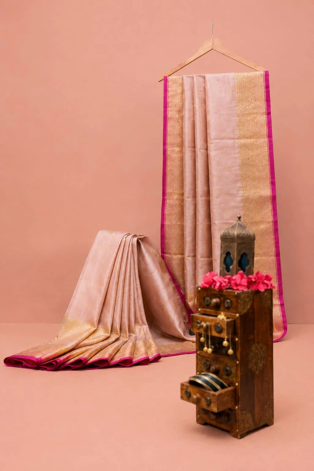 Pure Katan Banarasi Saree in Blush Pink with Gold Zari Border & Magenta Edge