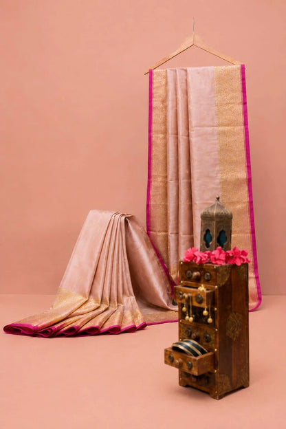 Pure Katan Banarasi Saree in Blush Pink with Gold Zari Border & Magenta Edge
