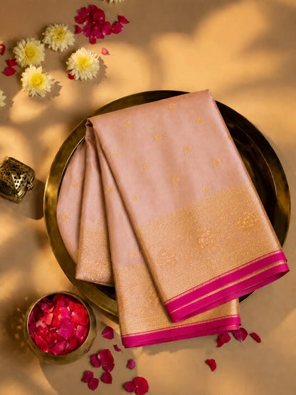 Pure Katan Banarasi Saree in Blush Pink with Gold Zari Border & Magenta Edge