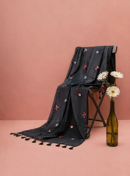 Black Mul Cotton Embroidery Saree with Multicolor Floral Buti & Tassel Pallu
