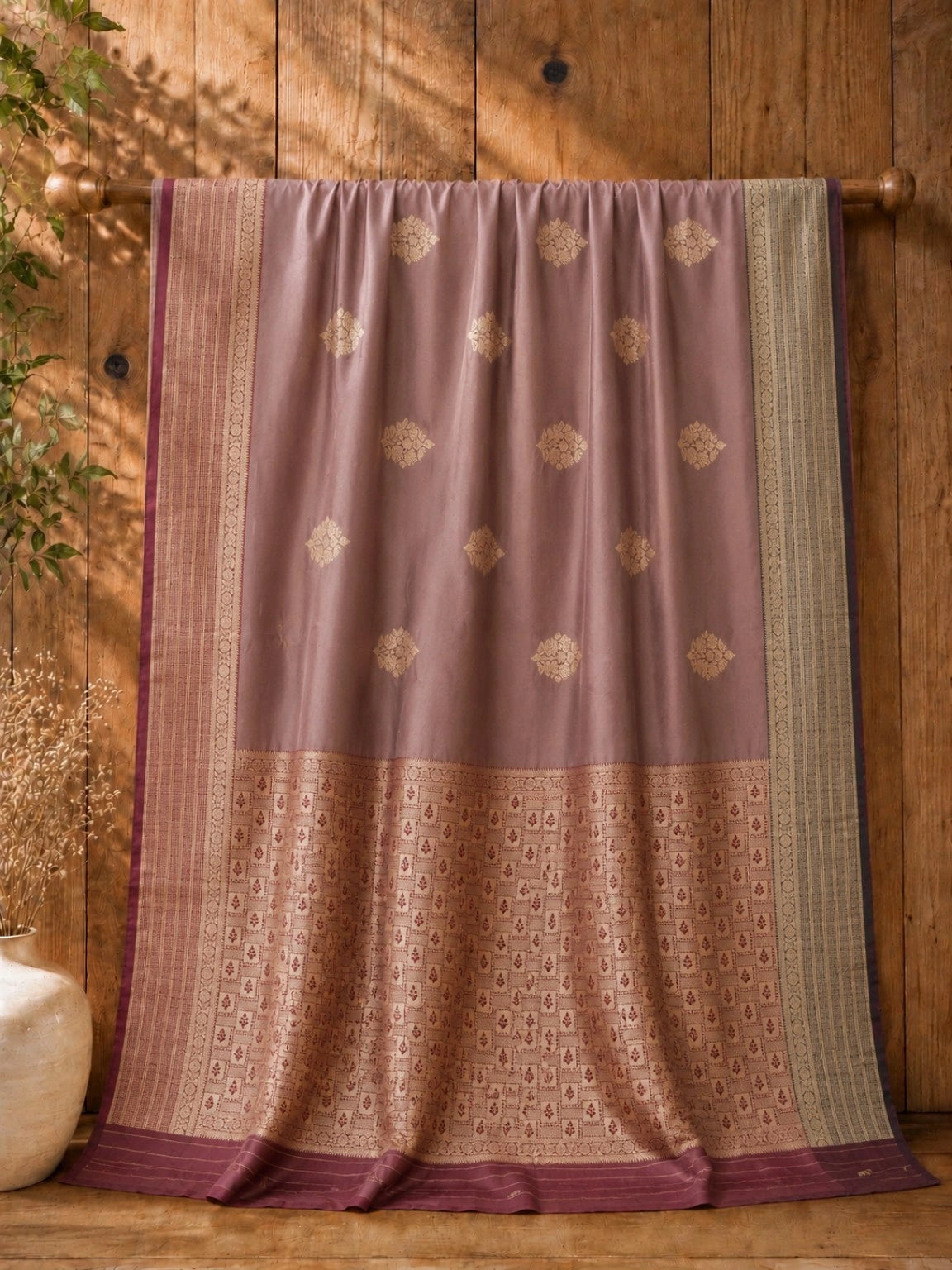 Dusty Mauve Katan Silk Ganga Jamuna Border Saree with Woven Floral Buti Design