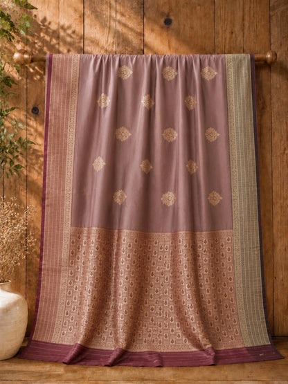 Dusty Mauve Katan Silk Ganga Jamuna Border Saree with Woven Floral Buti Design