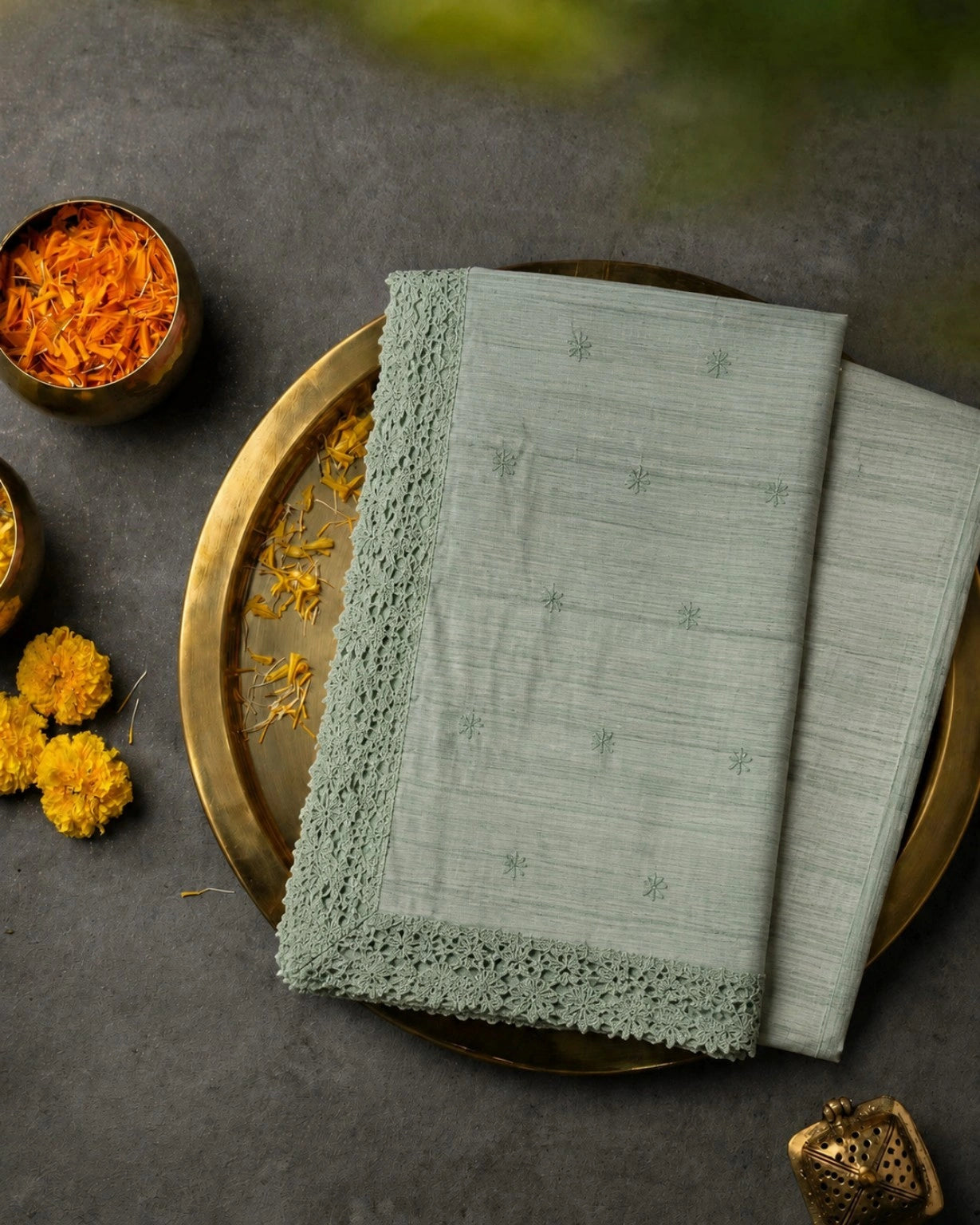 Sage Green Tussar Silk Cut Work Border Saree with Delicate Floral Embroidery