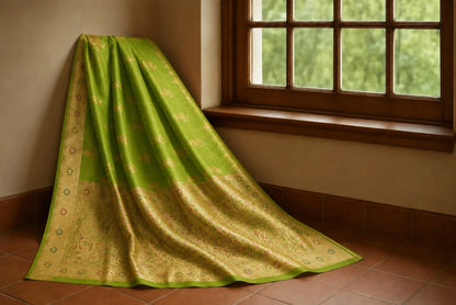 Lime Green Semi Katan Kanjivaram Silk Saree with Gold Zari Floral Border