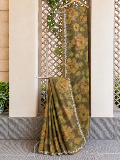 Mocha Brown Floral Printed Fendi Jimmy Choo Designer Saree with Pearl Embellished Border
