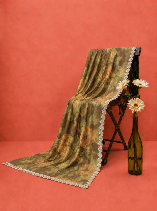 Mocha Brown Floral Printed Fendi Jimmy Choo Designer Saree with Pearl Embellished Border