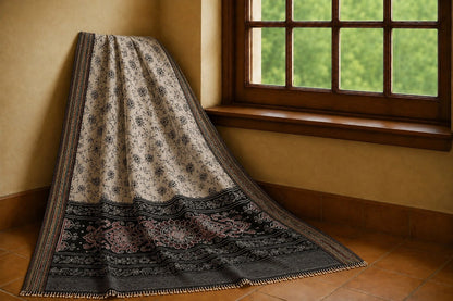 Grey & Black Floral Printed Chanderi Cotton Saree with Ornamental Border Design