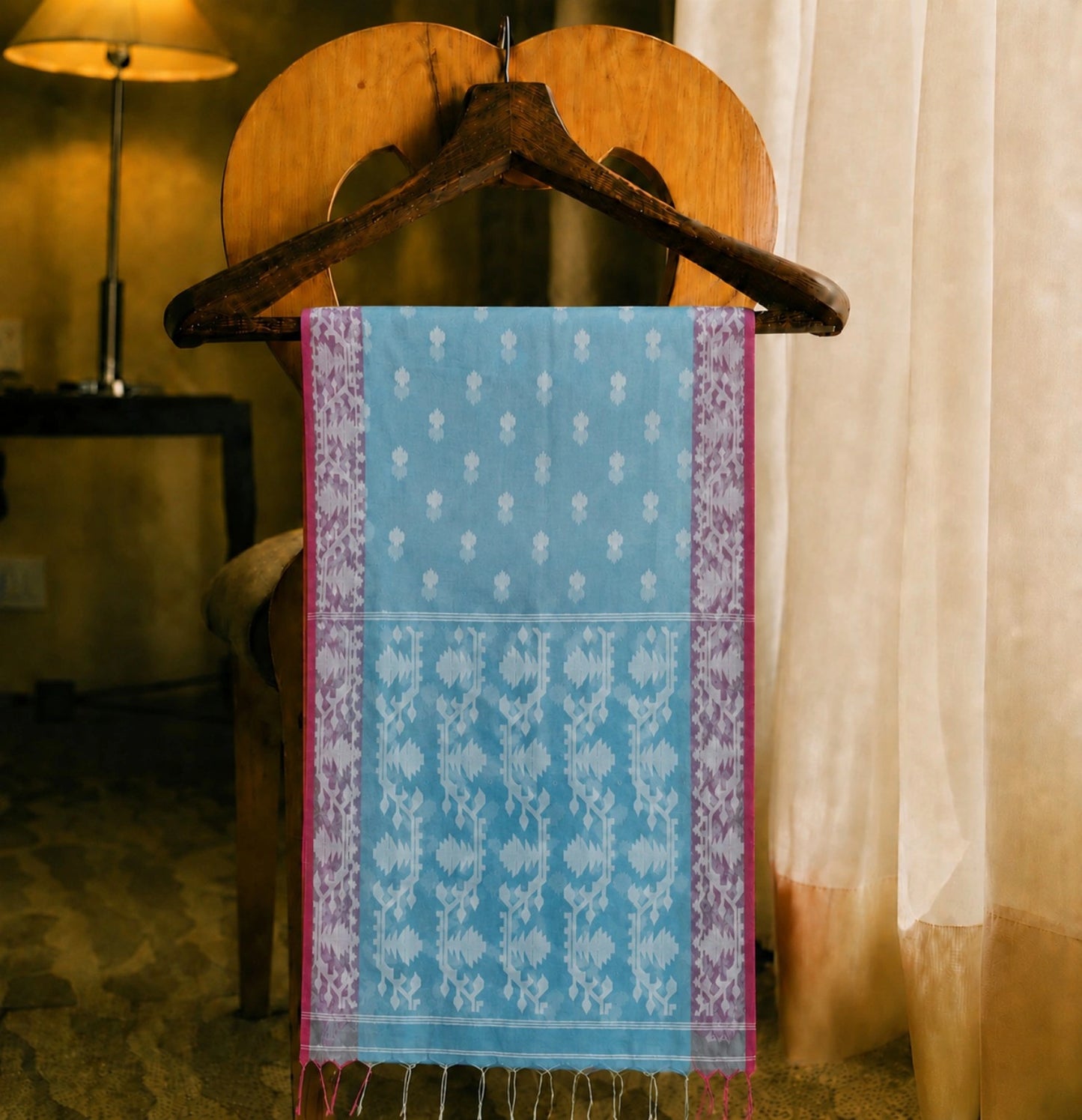 Sky Blue Muslin Jamdani Saree with White Geometric Woven Motifs & Contrast Pink Border
