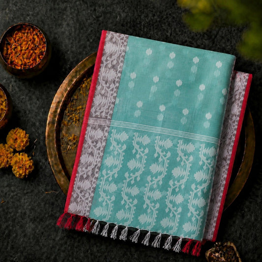 Sea Green Muslin Jamdani Saree with White Floral Buti & Traditional Woven Pallu