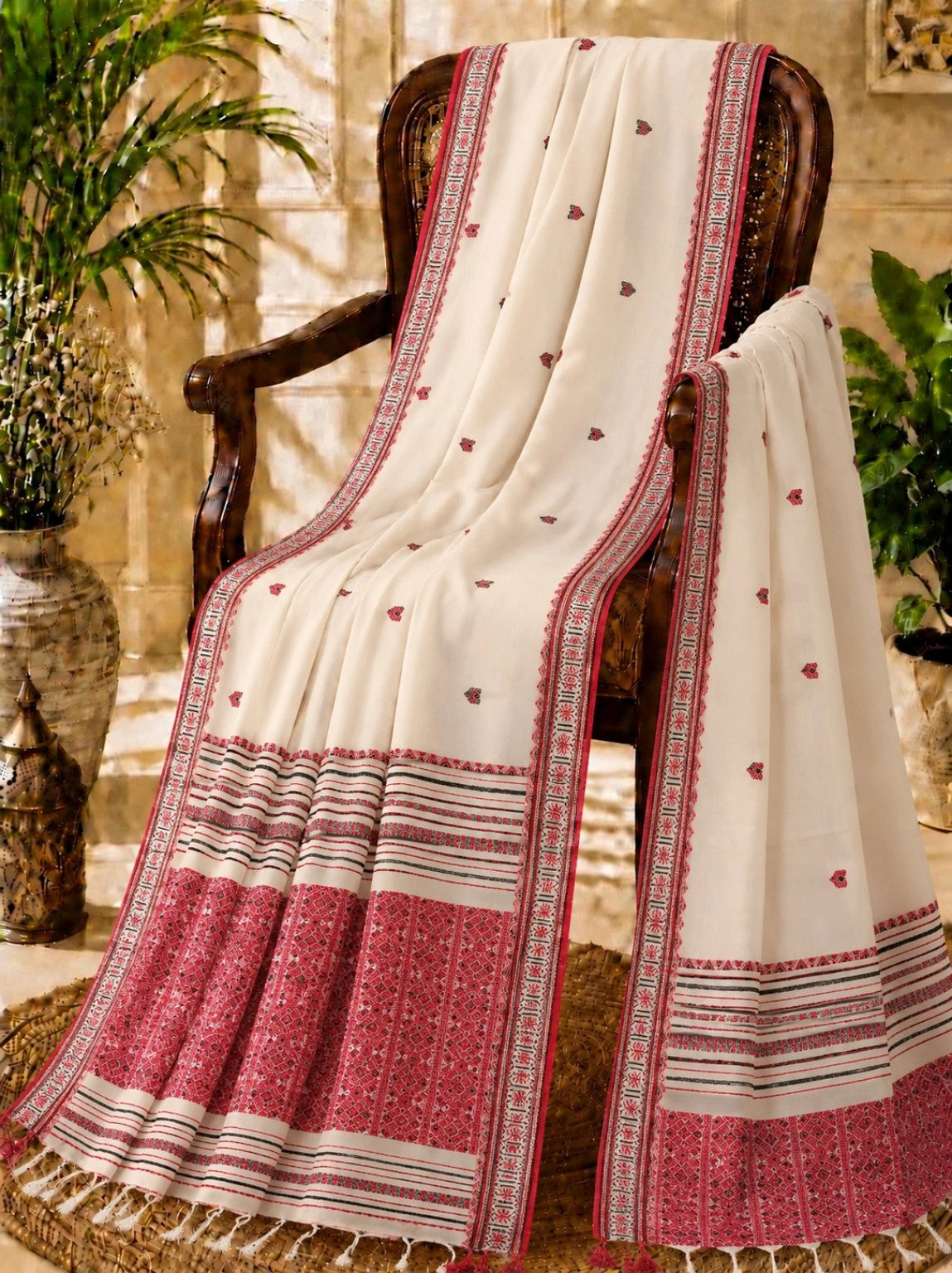 Pure Cotton Weaving Saree in Off White & Maroon Traditional Border Design