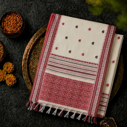 Pure Cotton Weaving Saree in Off White & Maroon Traditional Border Design