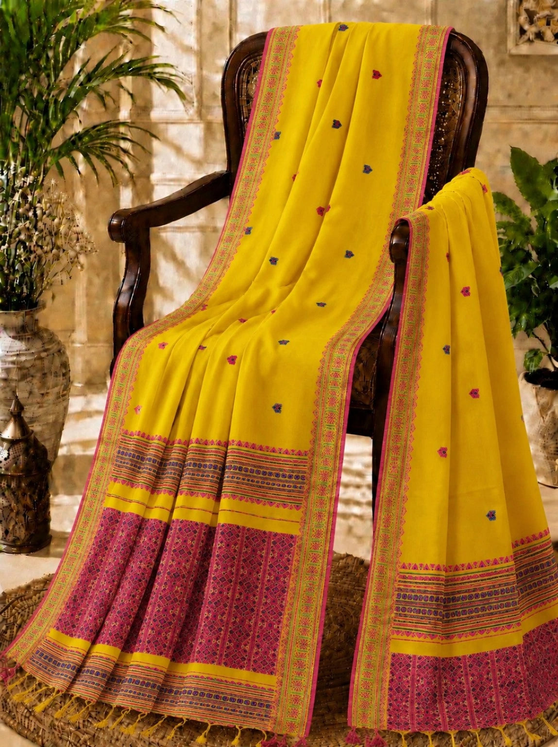 Pure Cotton Weaving Saree in Mustard Yellow with Pink Woven Border & Traditional Buti Motifs