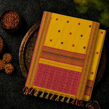 Pure Cotton Weaving Saree in Mustard Yellow with Pink Woven Border & Traditional Buti Motifs