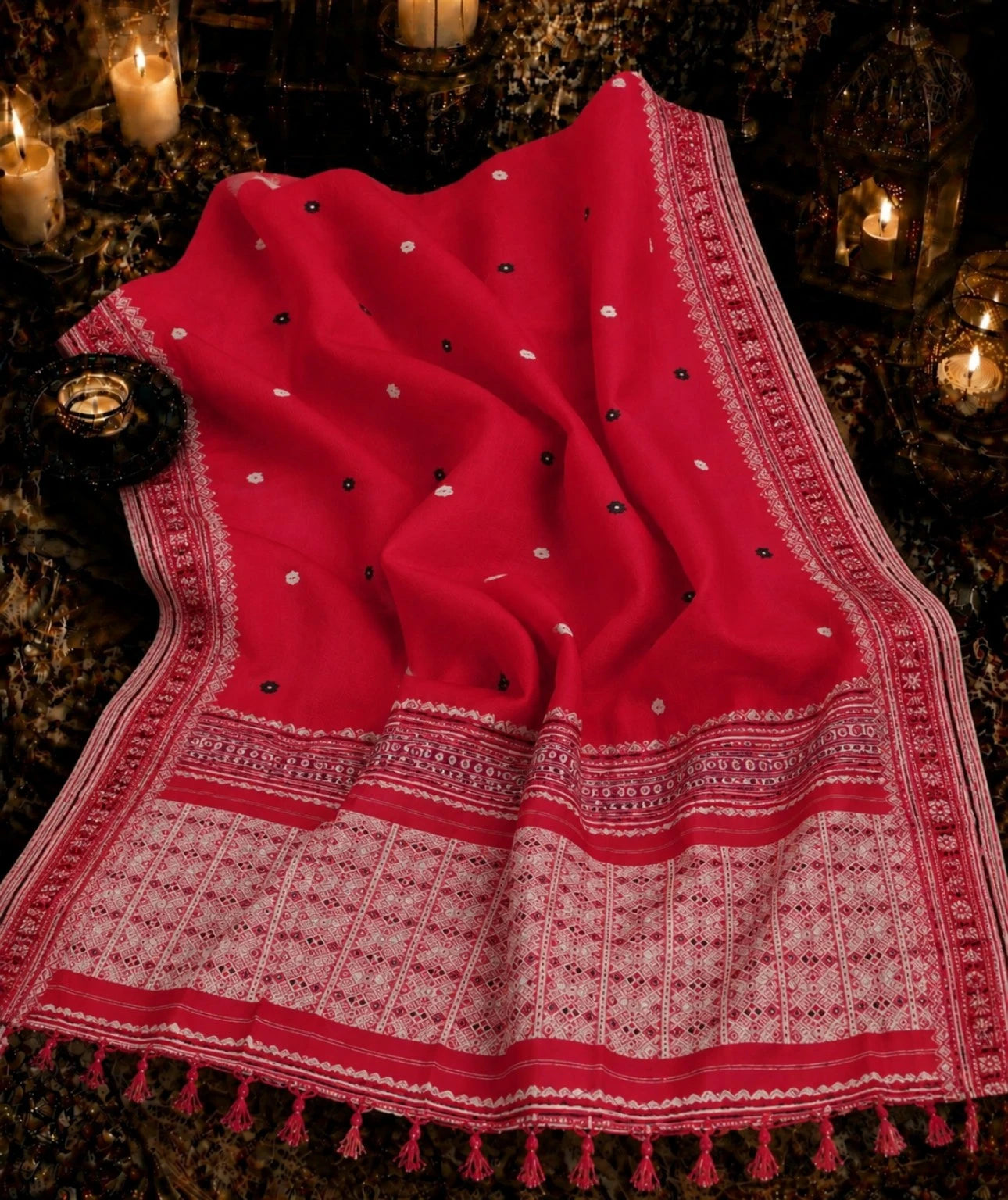 Pure Cotton Weaving Saree in Red with Traditional White Woven Border & Floral Buti Work