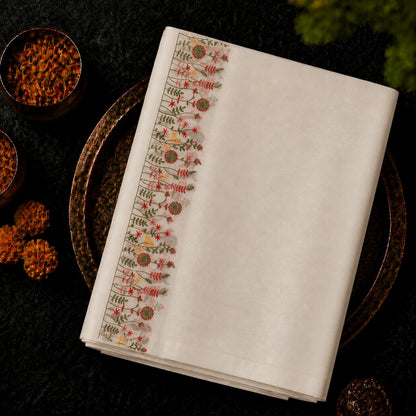 White Cotton Hand Work Saree with Multicolor Floral Embroidered Border