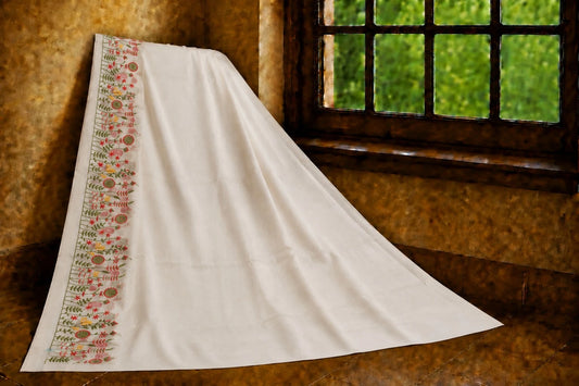 White Cotton Hand Work Saree with Multicolor Floral Embroidered Border
