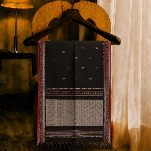 Black Dongiya Khadi Saree with Traditional Woven Border & Tribal-Inspired Pallu Design