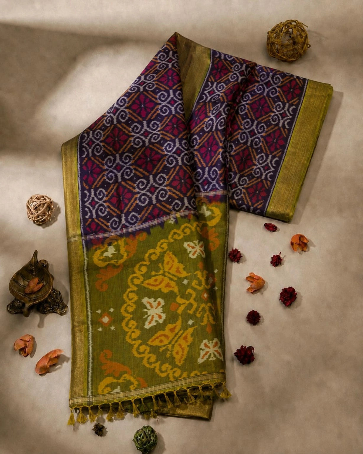 Olive Green & Navy Sico Pochampally Ikat Saree with Traditional Medallion Pallu