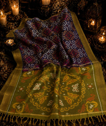 Olive Green & Navy Sico Pochampally Ikat Saree with Traditional Medallion Pallu