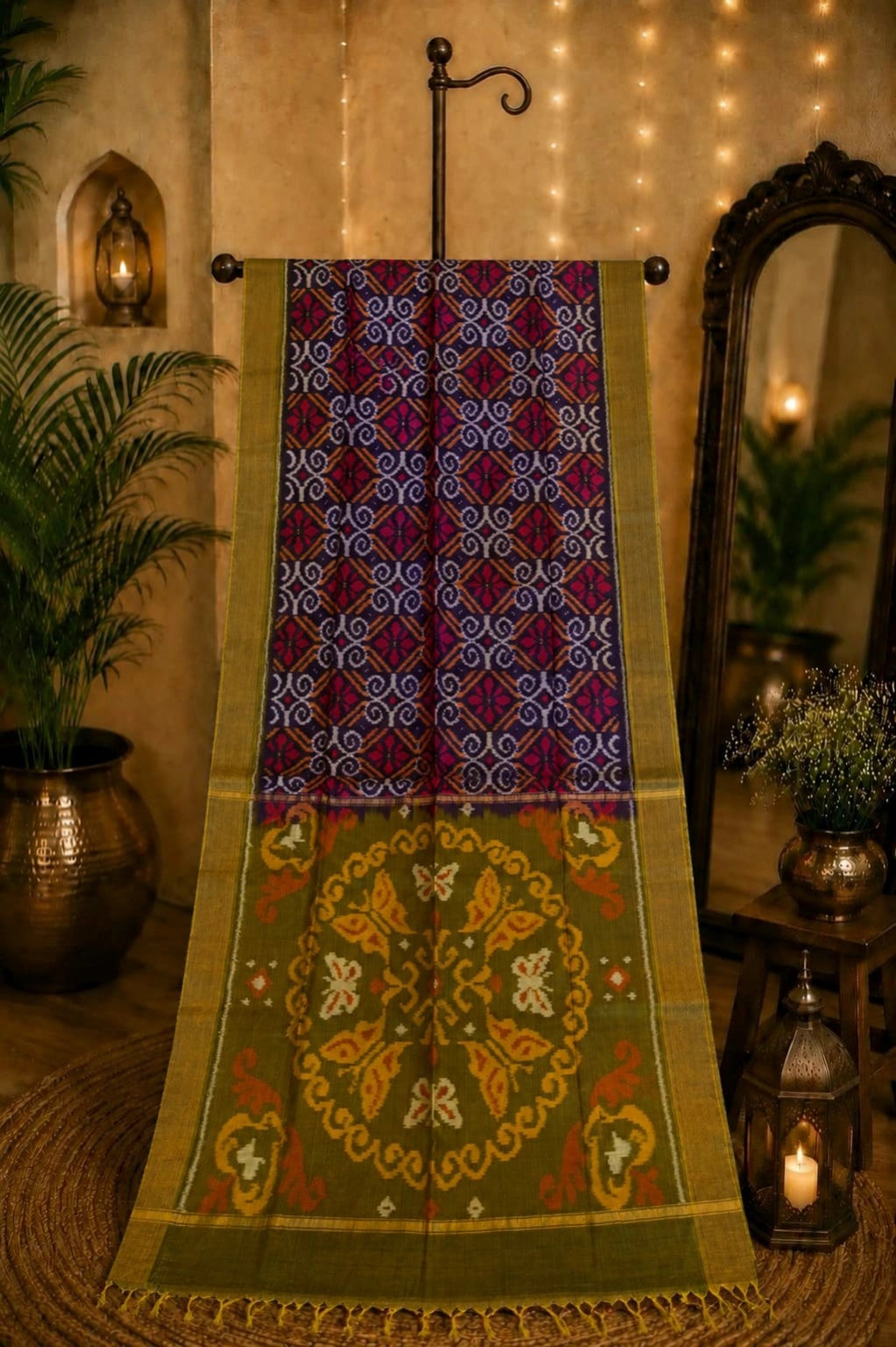 Olive Green & Navy Sico Pochampally Ikat Saree with Traditional Medallion Pallu