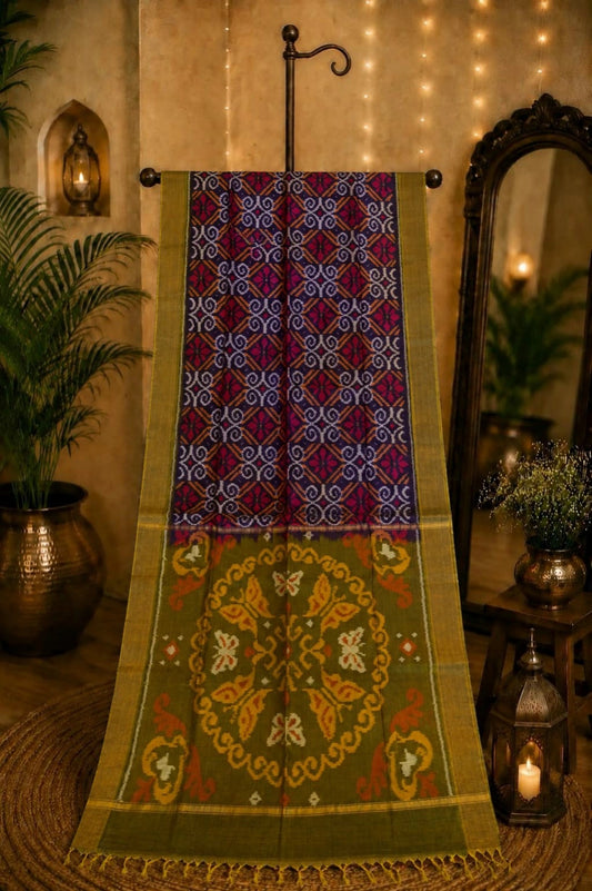 Olive Green & Navy Sico Pochampally Ikat Saree with Traditional Medallion Pallu