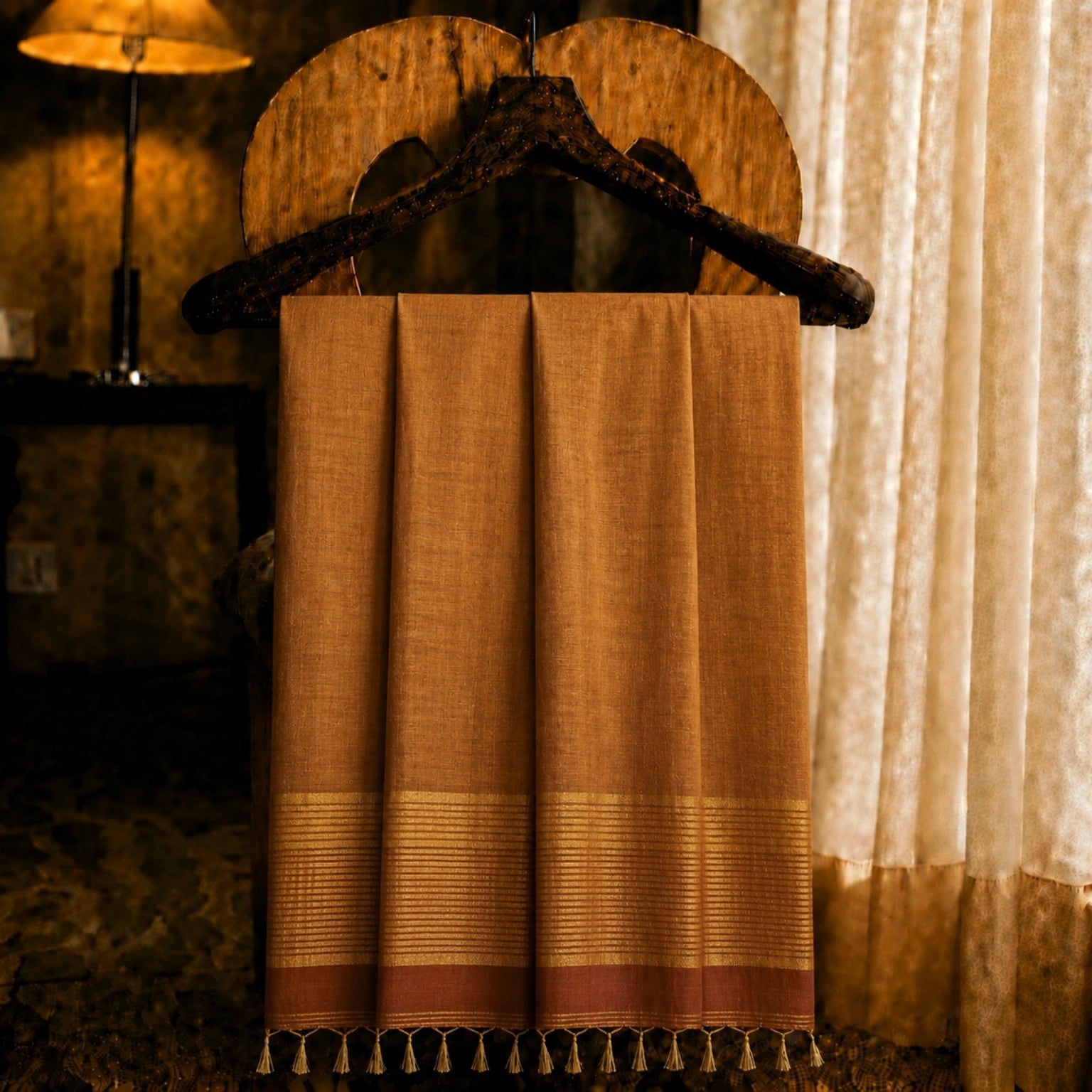 Copper Brown Linen Zari Saree with Golden Striped Border and Tassel Pallu