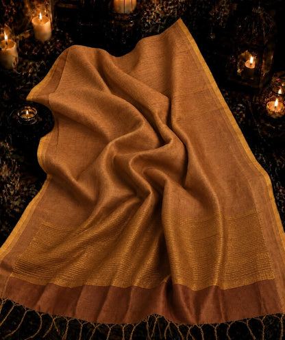 Copper Brown Linen Zari Saree with Golden Striped Border and Tassel Pallu