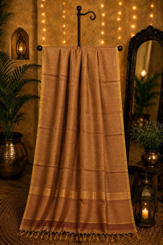 Copper Brown Linen Zari Saree with Golden Striped Border and Tassel Pallu