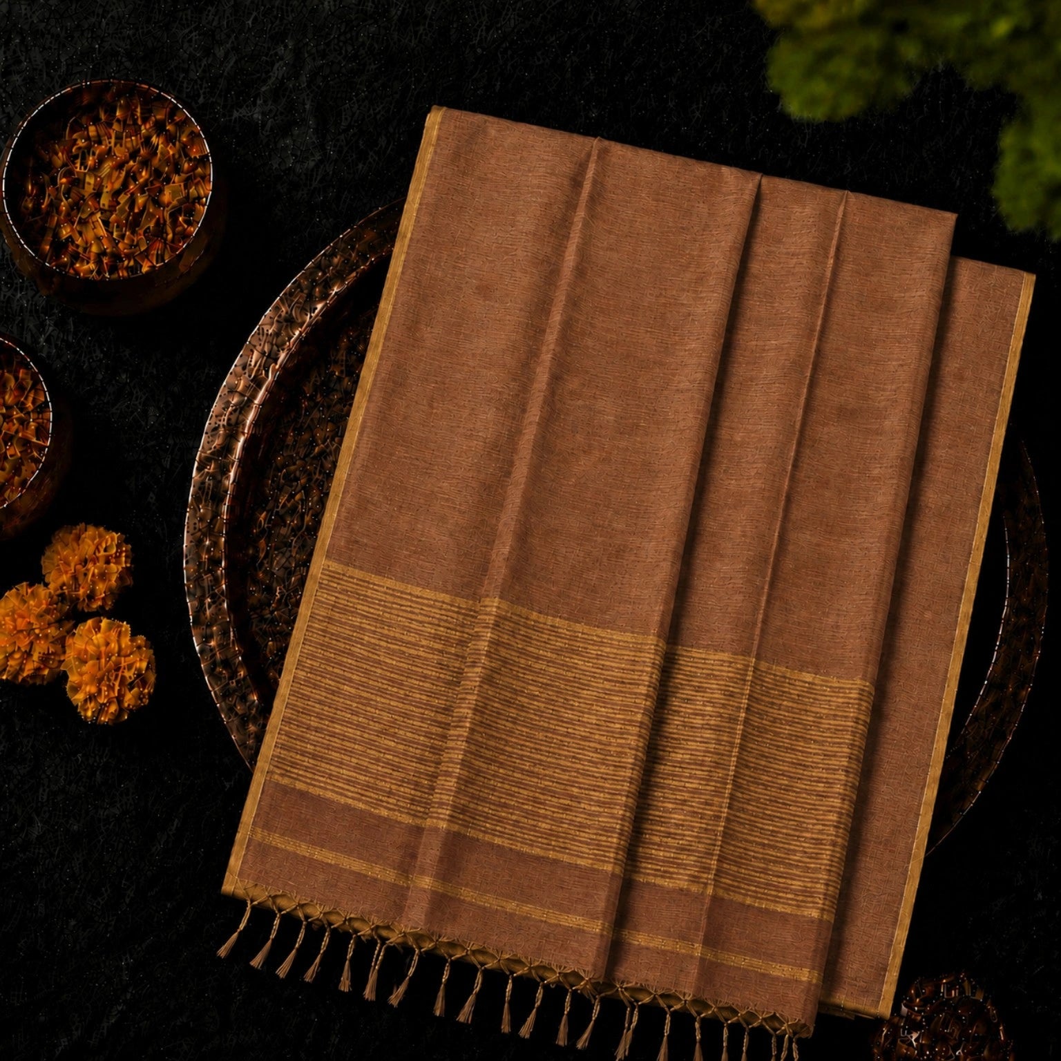 Copper Brown Linen Zari Saree with Golden Striped Border and Tassel Pallu
