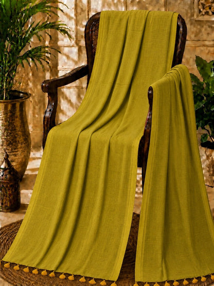 Mustard Olive Green Solid Color Pure Cotton Saree with Tassel Pallu