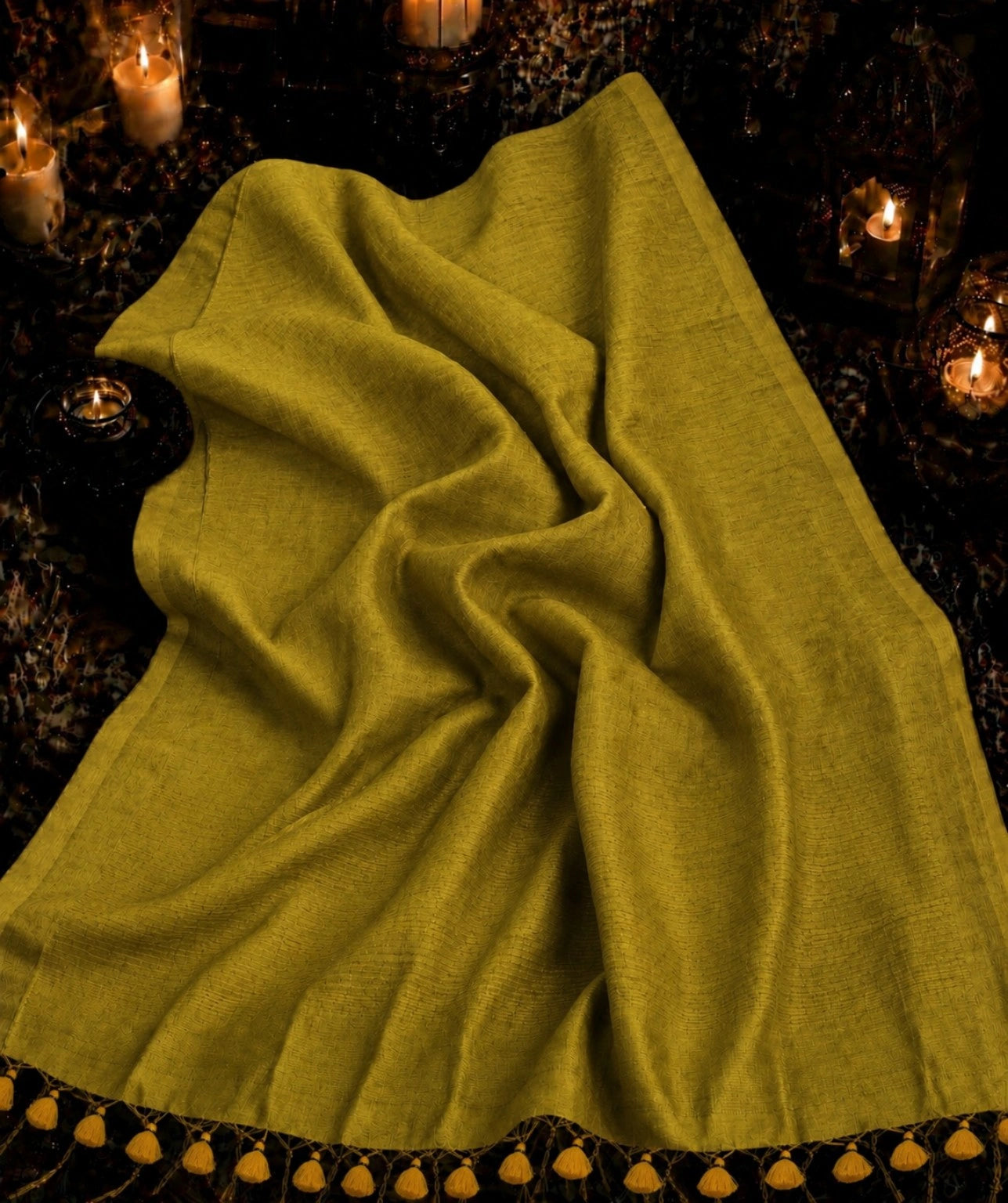 Mustard Olive Green Solid Color Pure Cotton Saree with Tassel Pallu