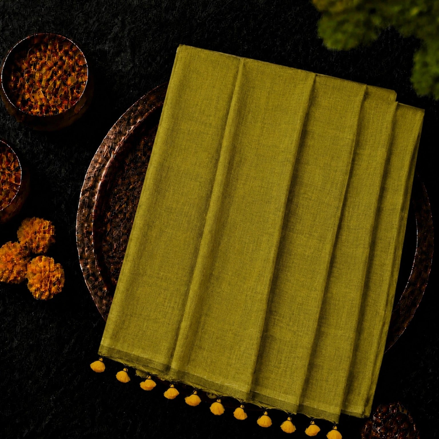 Mustard Olive Green Solid Color Pure Cotton Saree with Tassel Pallu