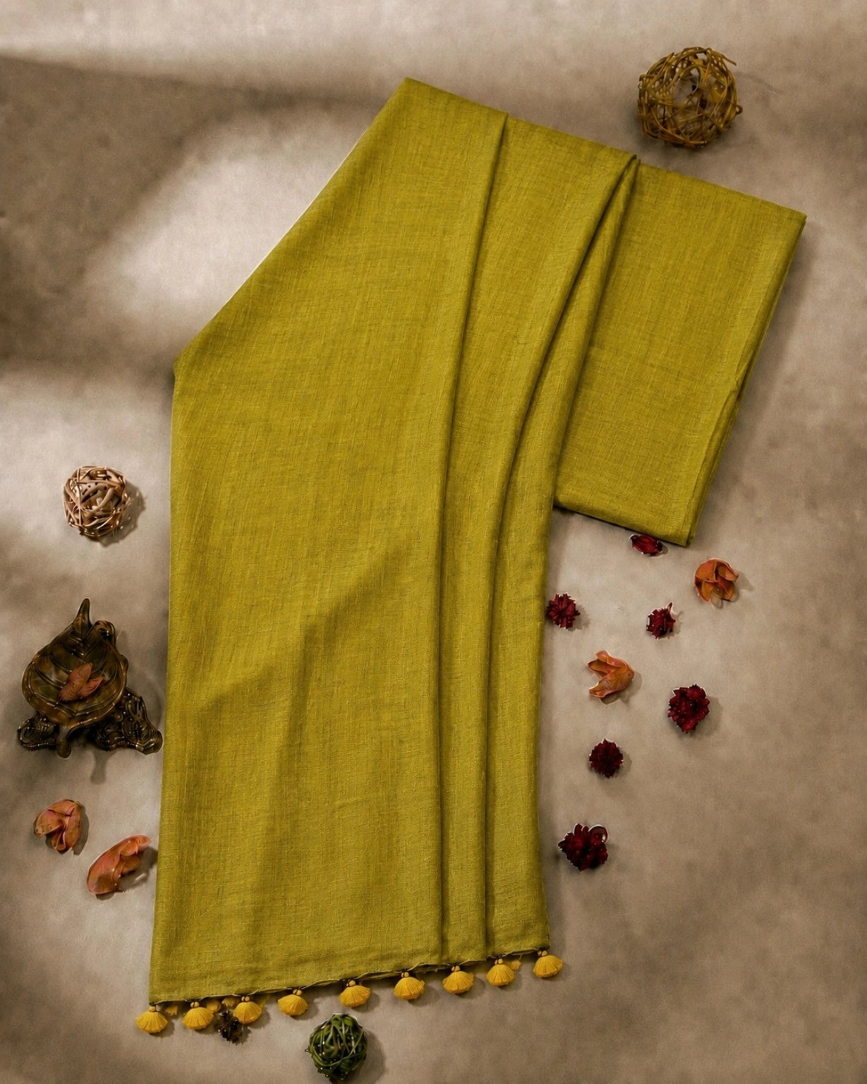 Mustard Olive Green Solid Color Pure Cotton Saree with Tassel Pallu