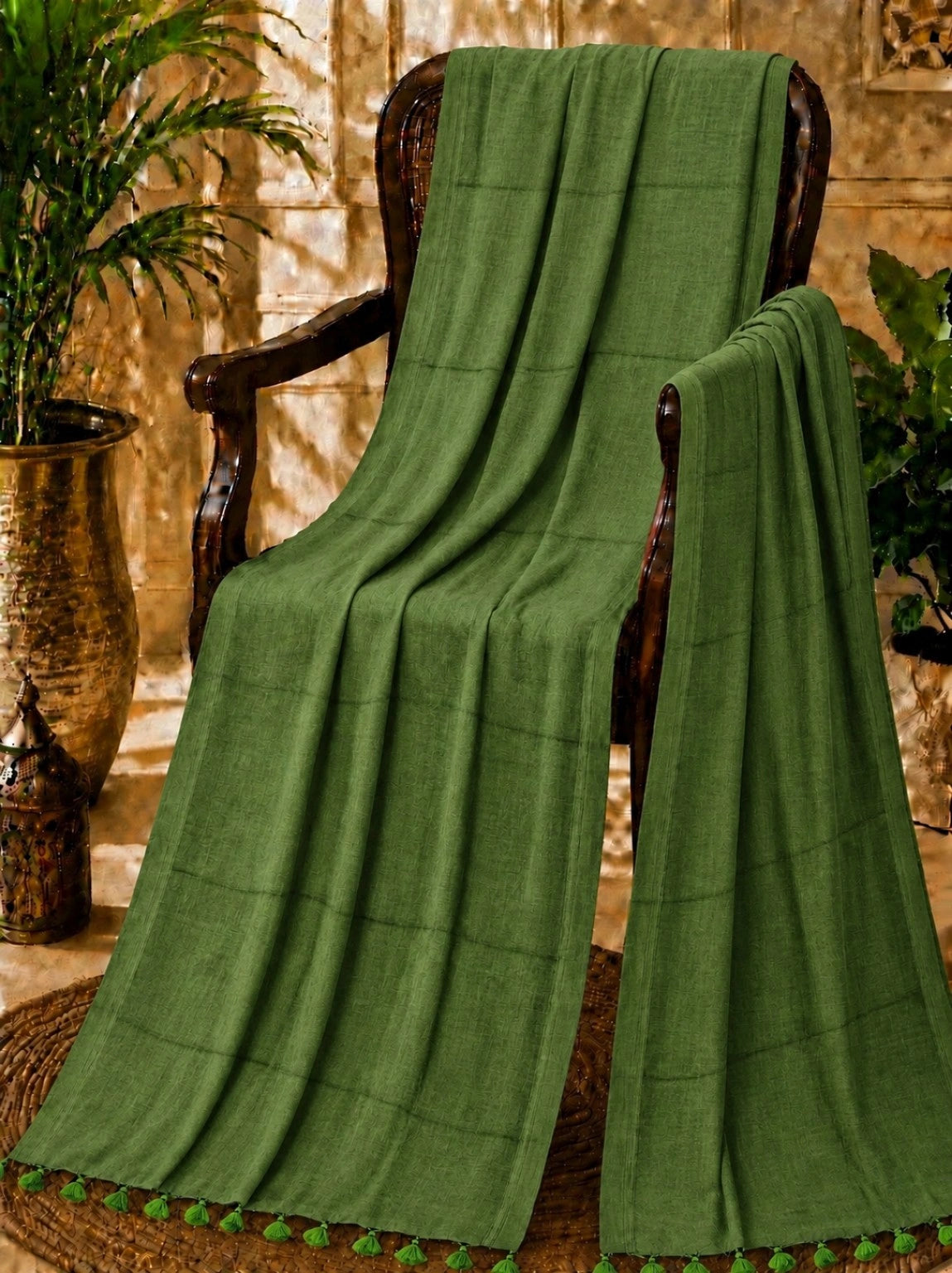 WEVOW Olive Green Pure Cotton Solid Color Saree with Tassel Pallu