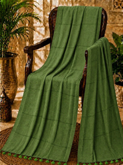 WEVOW Olive Green Pure Cotton Solid Color Saree with Tassel Pallu