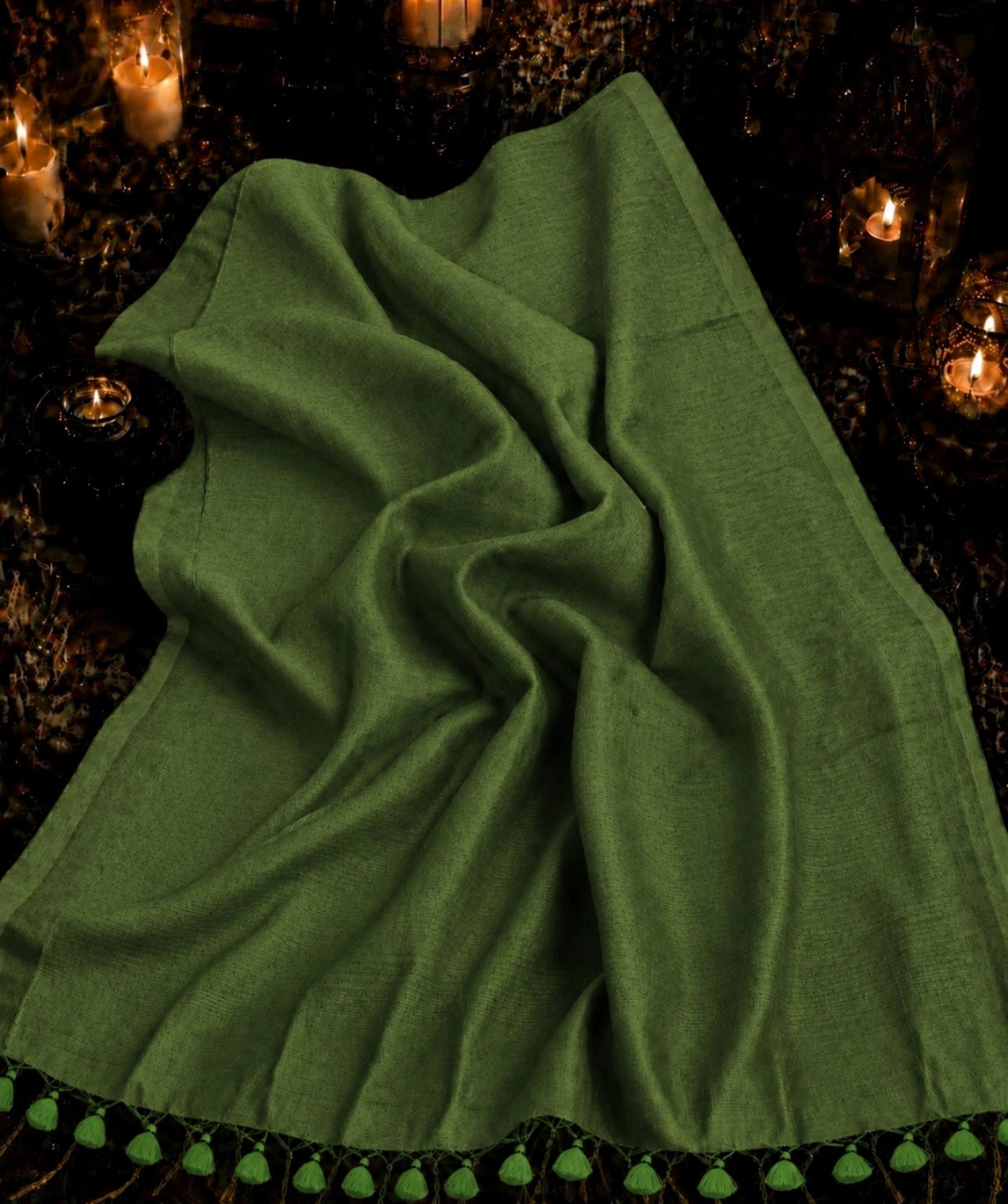 WEVOW Olive Green Pure Cotton Solid Color Saree with Tassel Pallu
