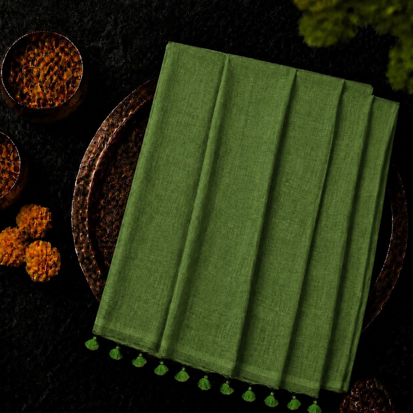 WEVOW Olive Green Pure Cotton Solid Color Saree with Tassel Pallu