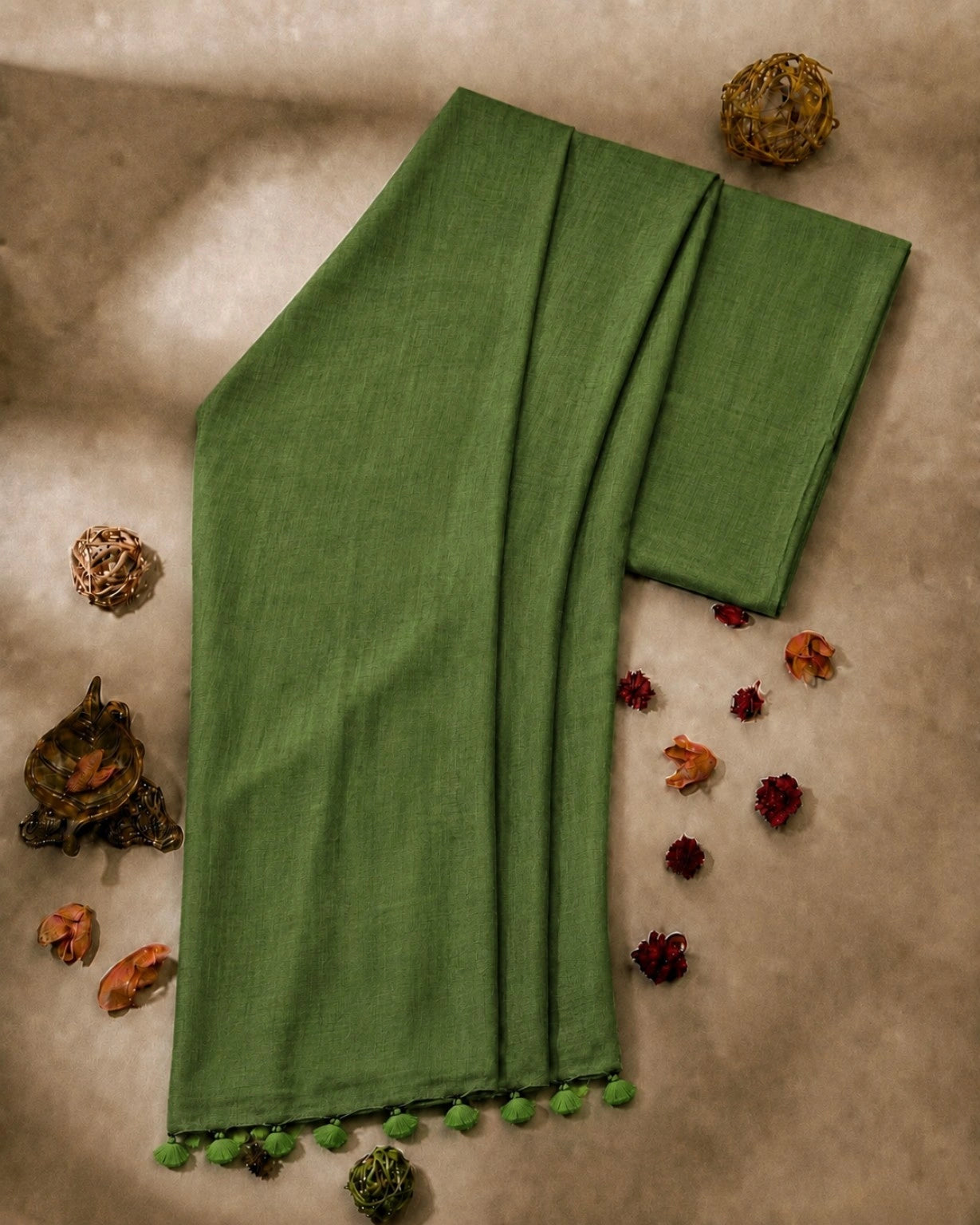 WEVOW Olive Green Pure Cotton Solid Color Saree with Tassel Pallu