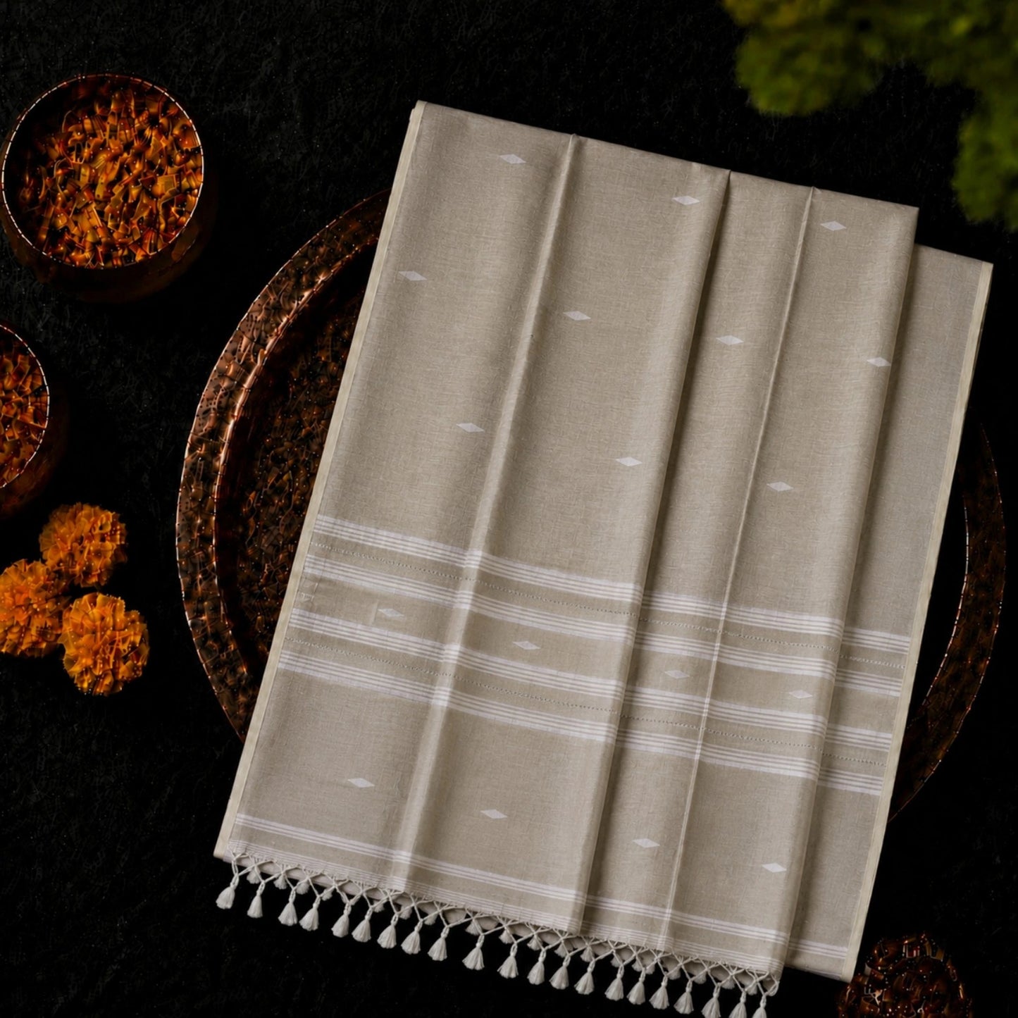 Beige Pure Mul Cotton Hand Weaving Jamdani Buta Saree with White Woven Stripes