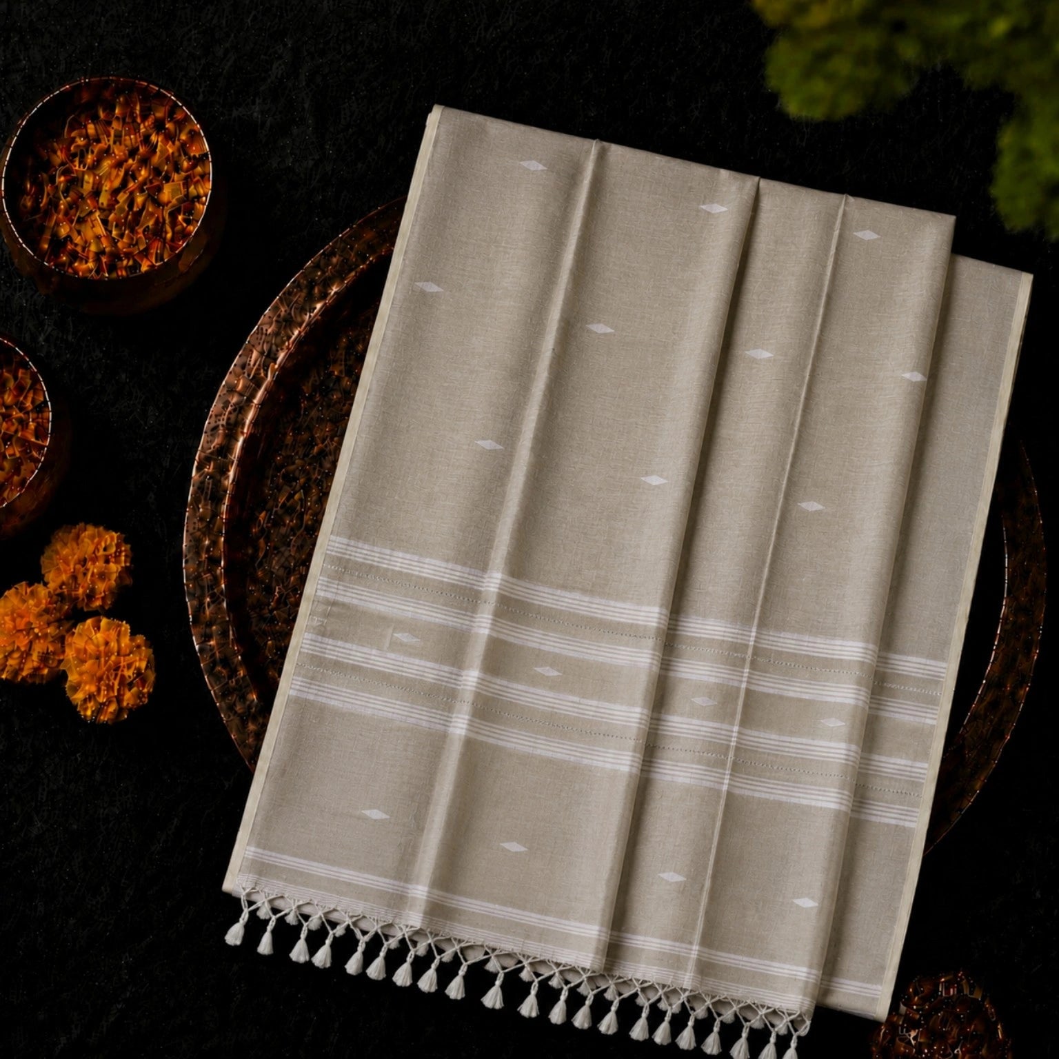 Beige Pure Mul Cotton Hand Weaving Jamdani Buta Saree with White Woven Stripes