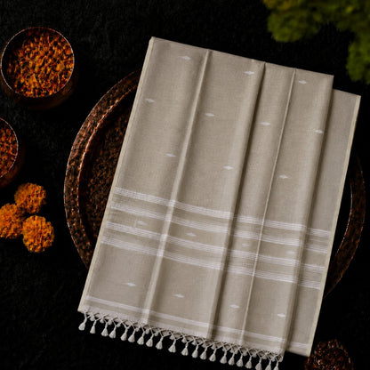 Beige Pure Mul Cotton Hand Weaving Jamdani Buta Saree with White Woven Stripes