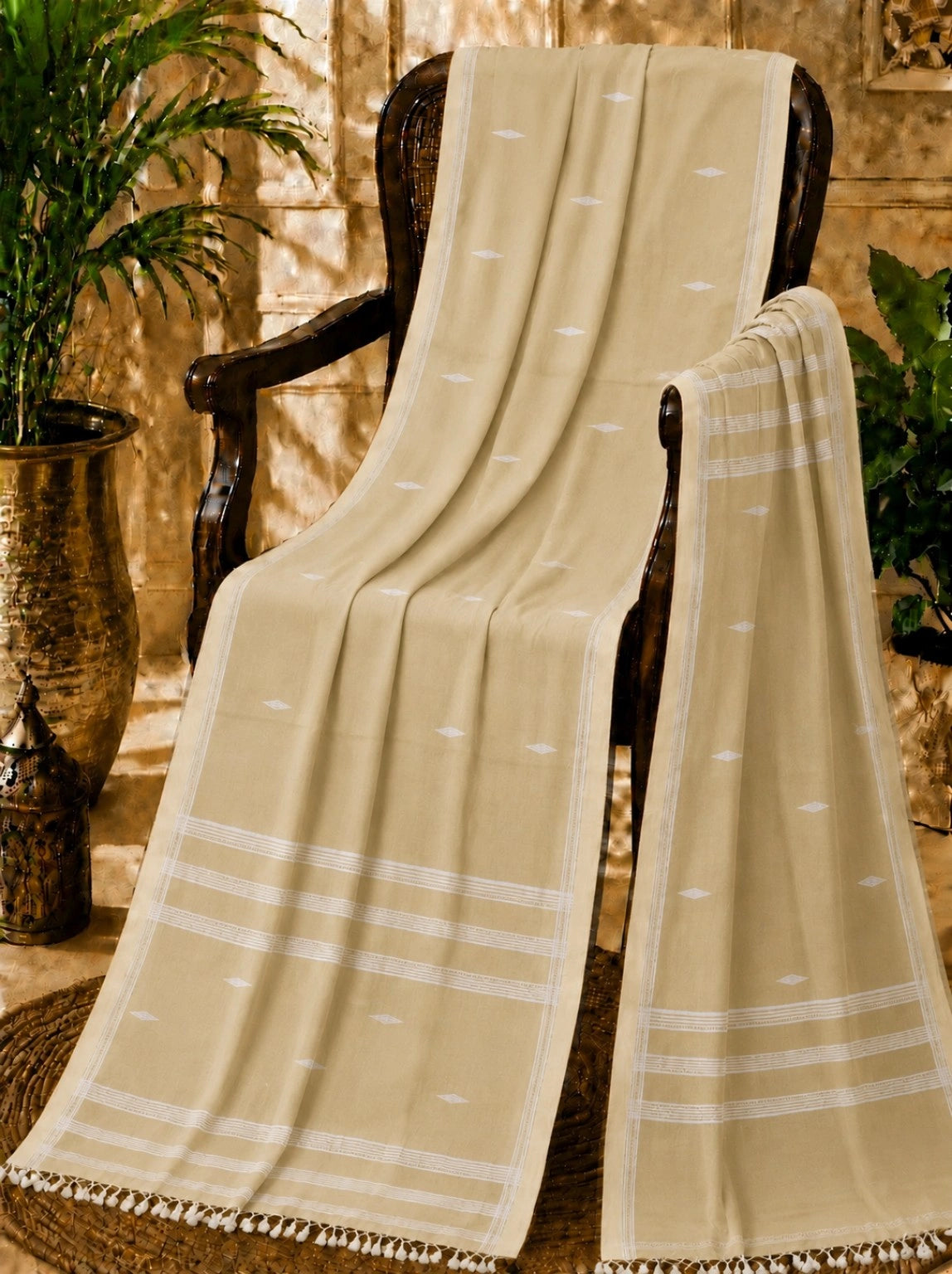 Beige Pure Mul Cotton Hand Weaving Jamdani Buta Saree with White Woven Stripes & Tassel Pallu