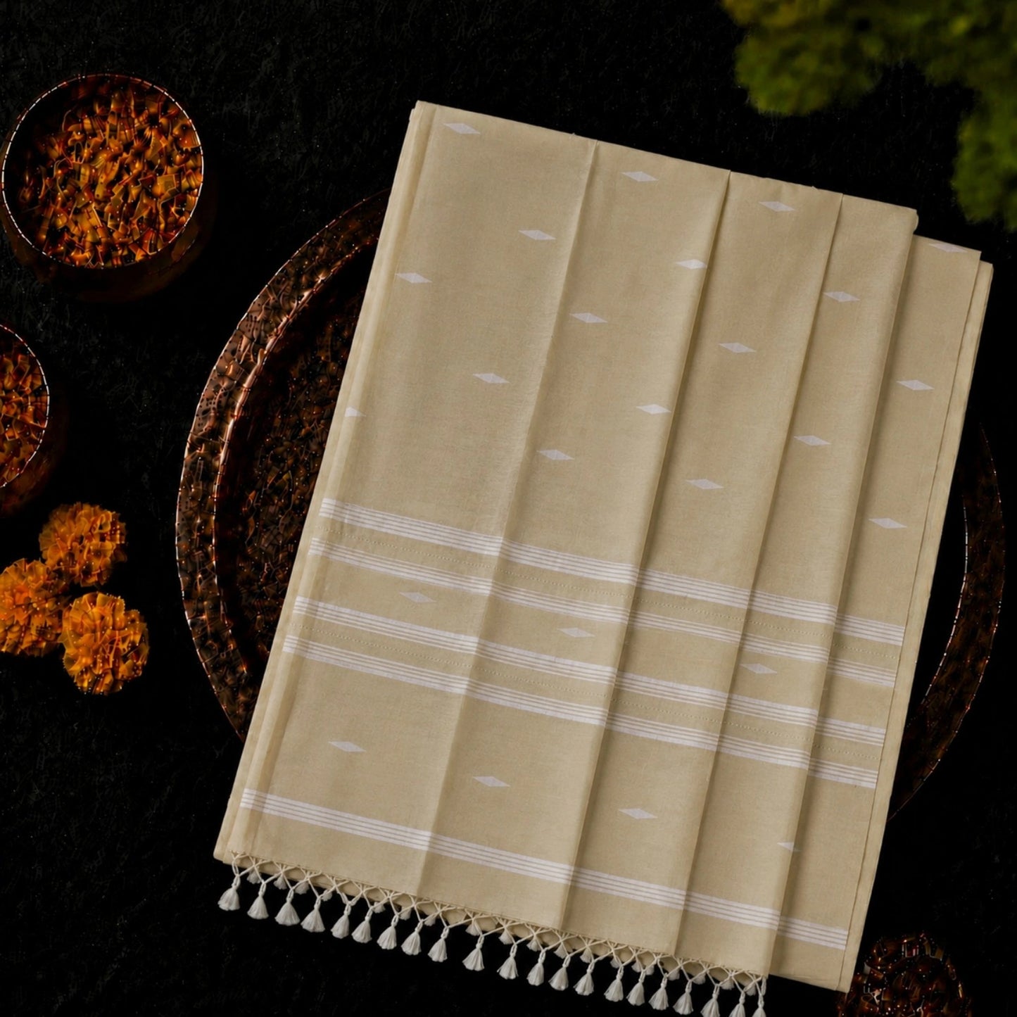 Beige Pure Mul Cotton Hand Weaving Jamdani Buta Saree with White Woven Stripes & Tassel Pallu