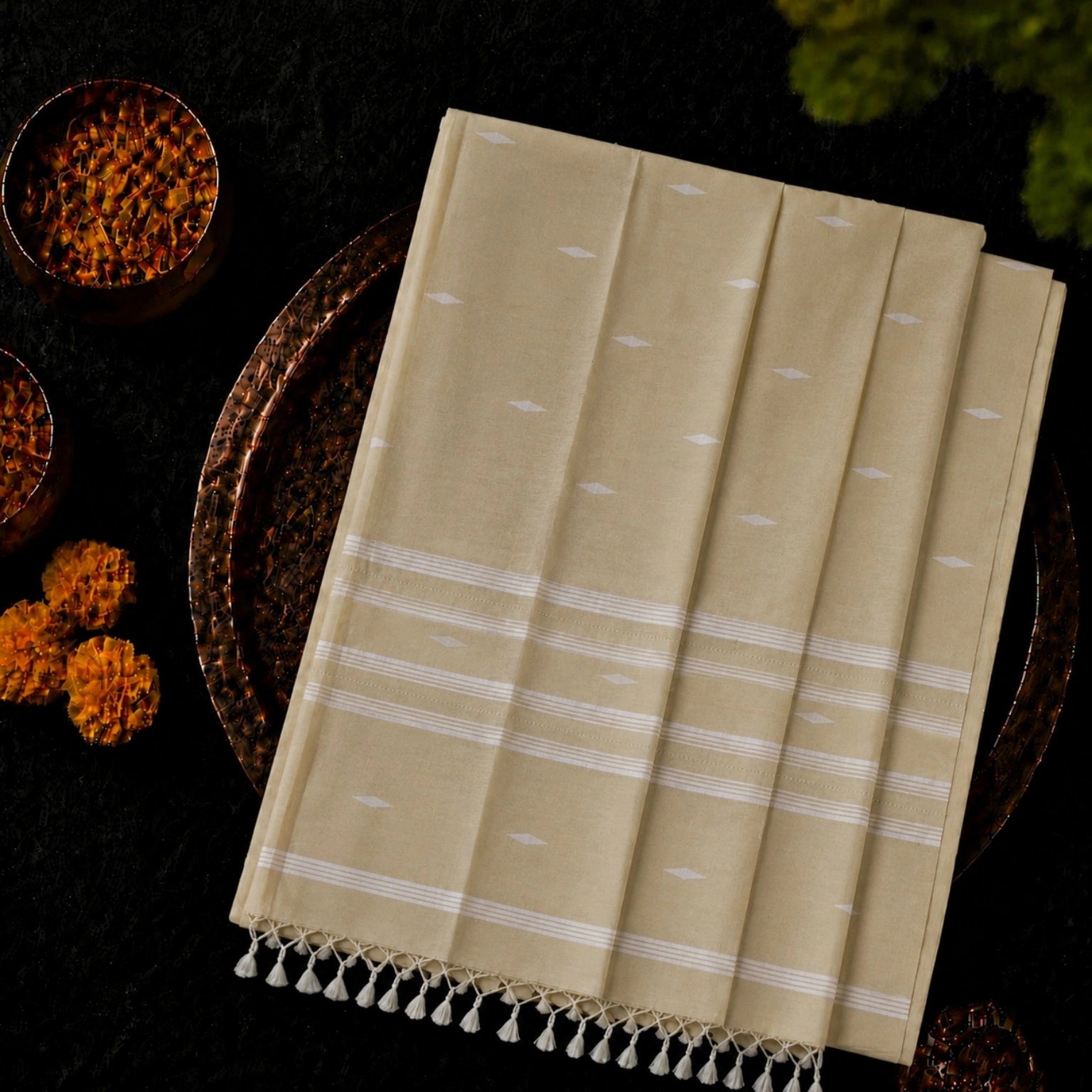 Beige Pure Mul Cotton Hand Weaving Jamdani Buta Saree with White Woven Stripes & Tassel Pallu