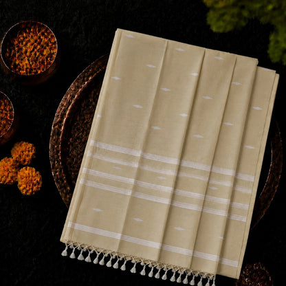 Beige Pure Mul Cotton Hand Weaving Jamdani Buta Saree with White Woven Stripes & Tassel Pallu