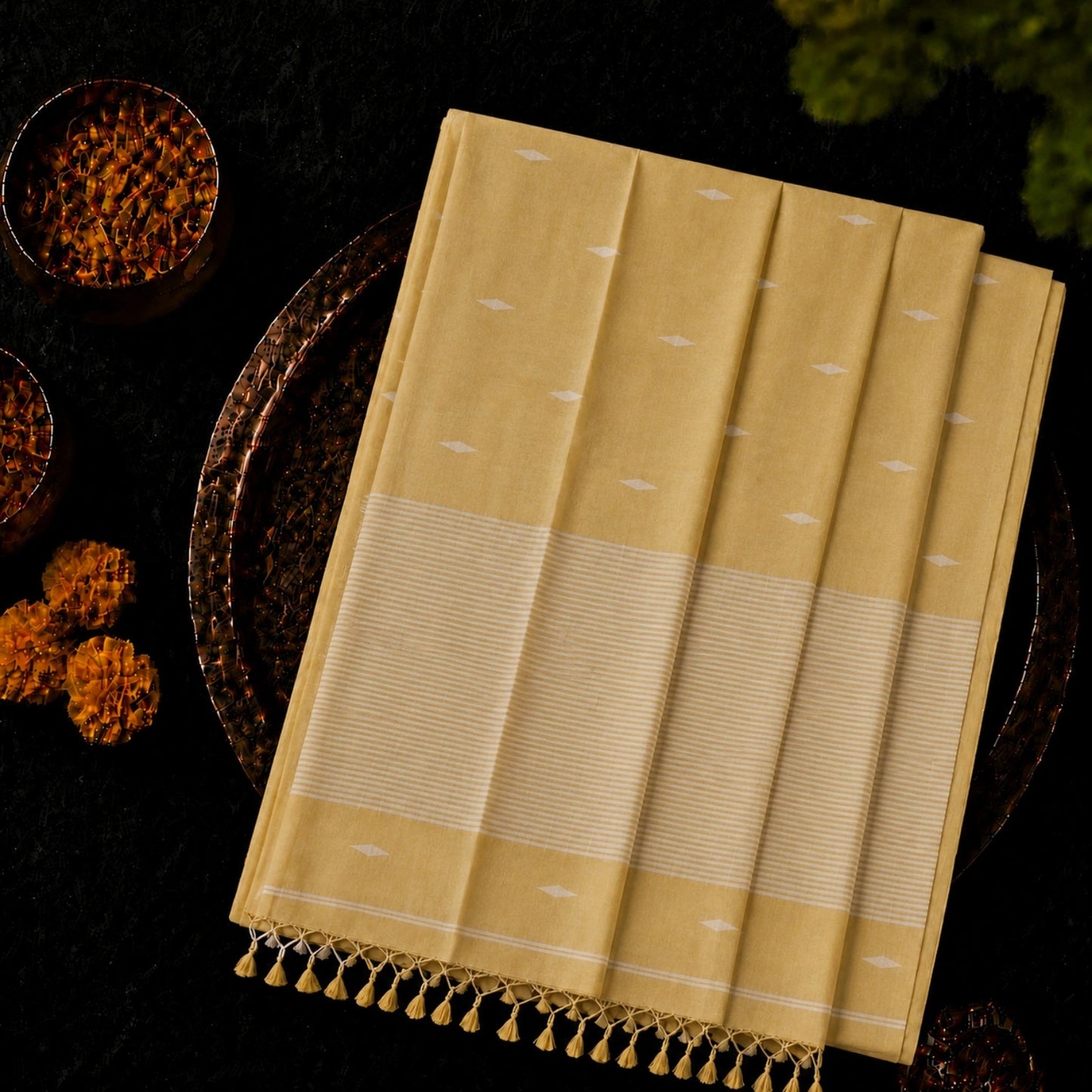light brown pure Mul Cotton Hand Weaving Jamdani Buta Saree with White Woven Striped Pallu
