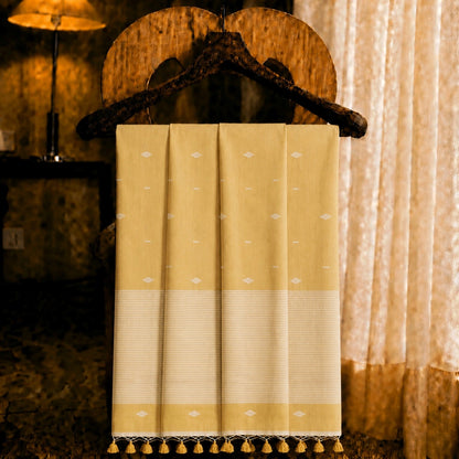 light brown pure Mul Cotton Hand Weaving Jamdani Buta Saree with White Woven Striped Pallu