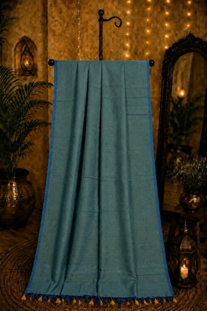 Teal Blue Cotton Khadi Saree with Woven Texture & Contrast Blue Border